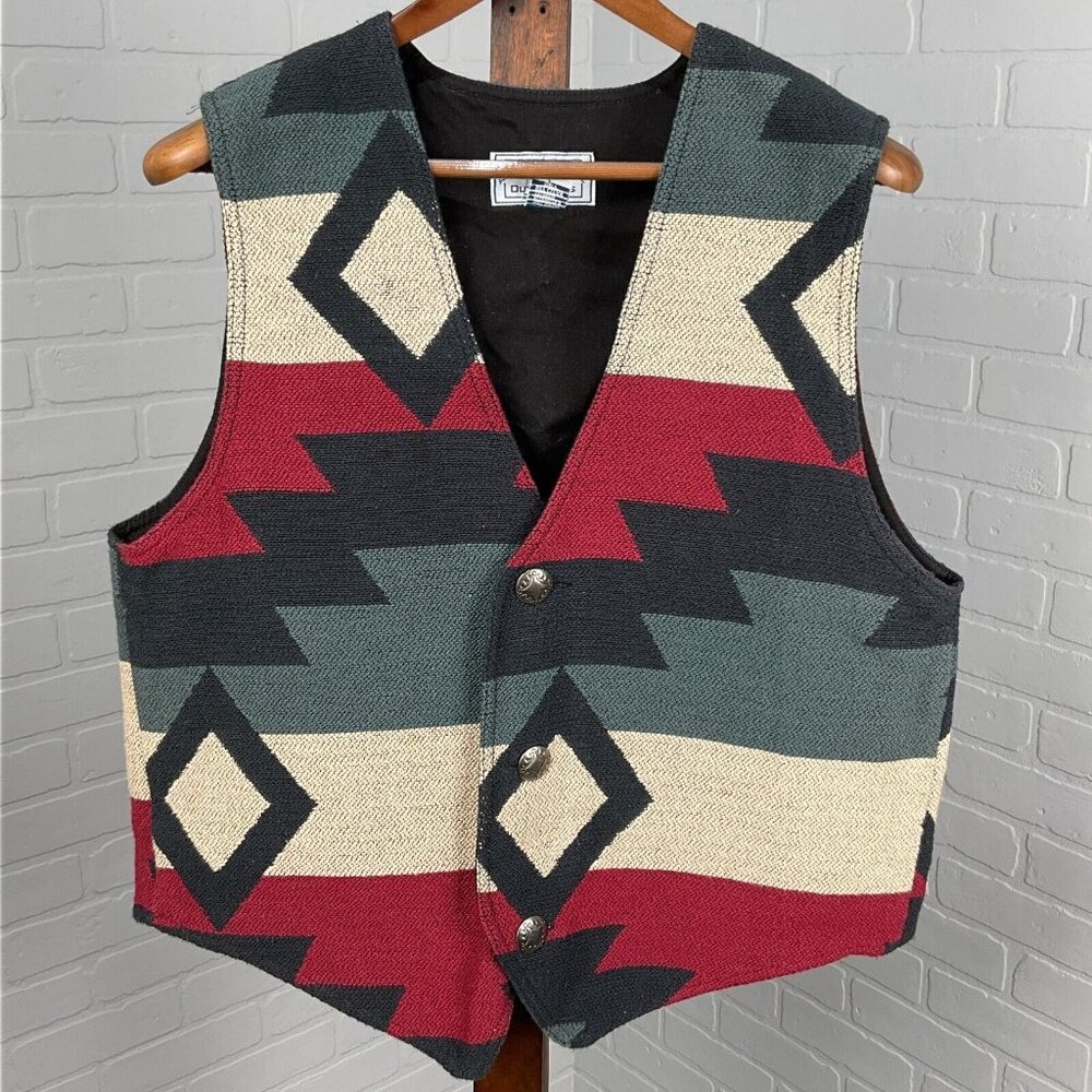 American Eagle Vest Women Large Red Black Green Woven Concha Button Aztec VTG